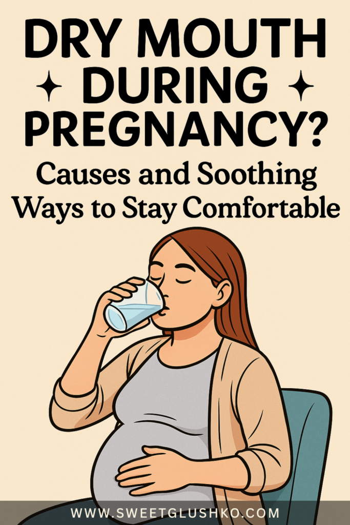 Pregnant woman sitting and drinking a glass of water, illustrating dry mouth relief during pregnancy.
