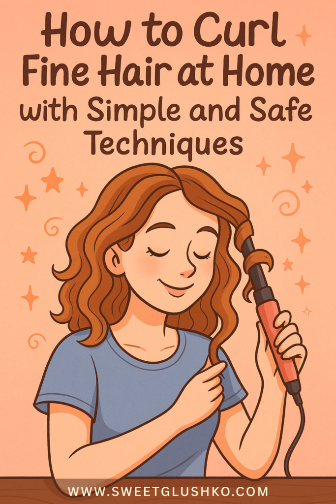 A smiling woman gently curling her fine hair at home with a wand, showing a safe and simple styling method.