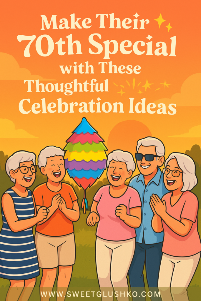 A joyful group of older adults smiling and gathered around a colorful piñata at sunset, celebrating a 70th birthday outdoors.
