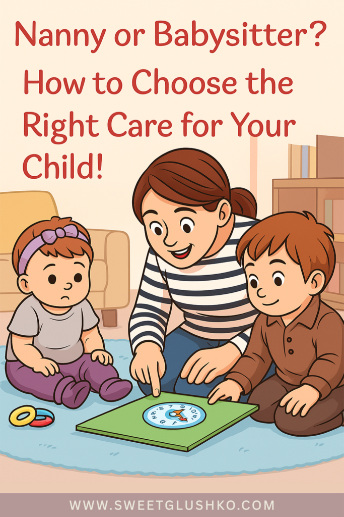 A caregiver reads a book with two young children on the floor. One child sits attentively while the other leans in, listening. The scene illustrates a nurturing childcare moment with a nanny or babysitter.