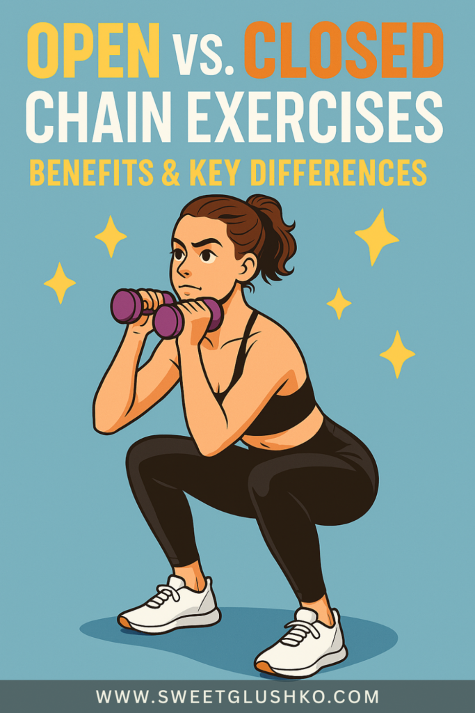 Woman performing a squat exercise while holding dumbbells, demonstrating strength training with open and closed kinetic chain movements.