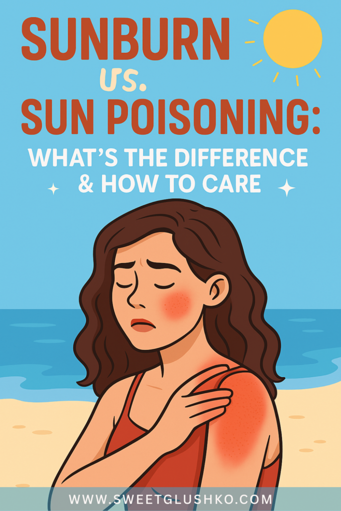 A woman standing on the beach with visible redness on her shoulder and face, showing signs of sunburn or sun irritation.