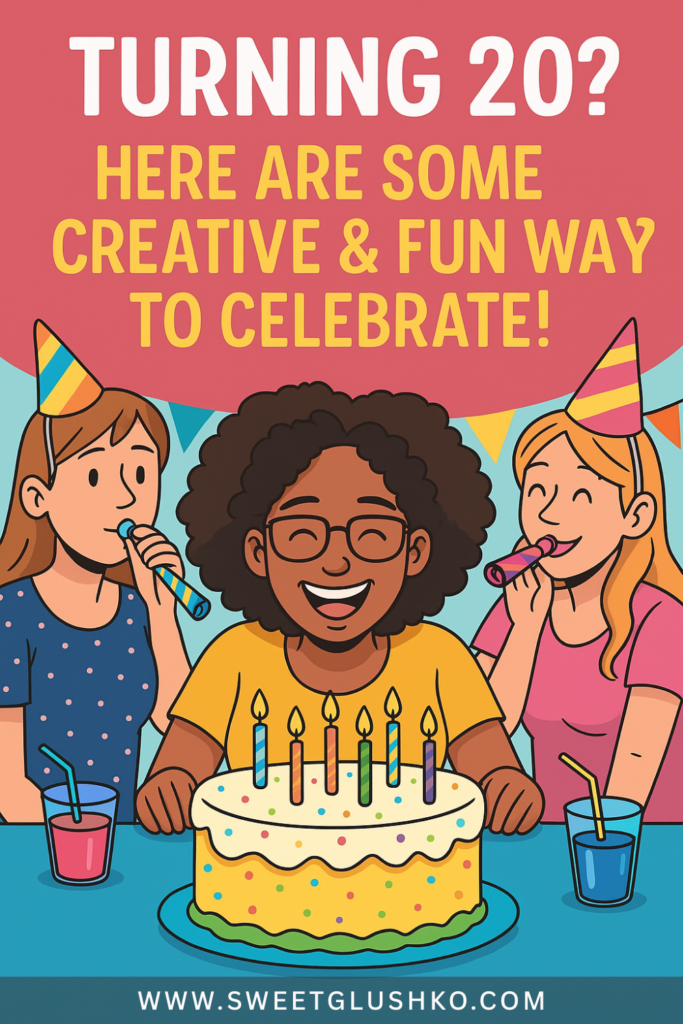 Young woman smiling at a colorful birthday cake with candles, surrounded by friends celebrating her 20th birthday. The atmosphere is fun, festive, and full of laughter, perfect for sharing creative birthday celebration ideas.