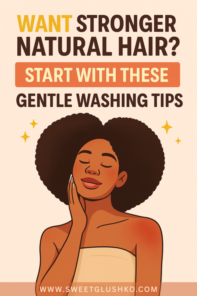A woman with voluminous natural hair smiling peacefully while gently touching her face, promoting hair care and gentle washing tips.