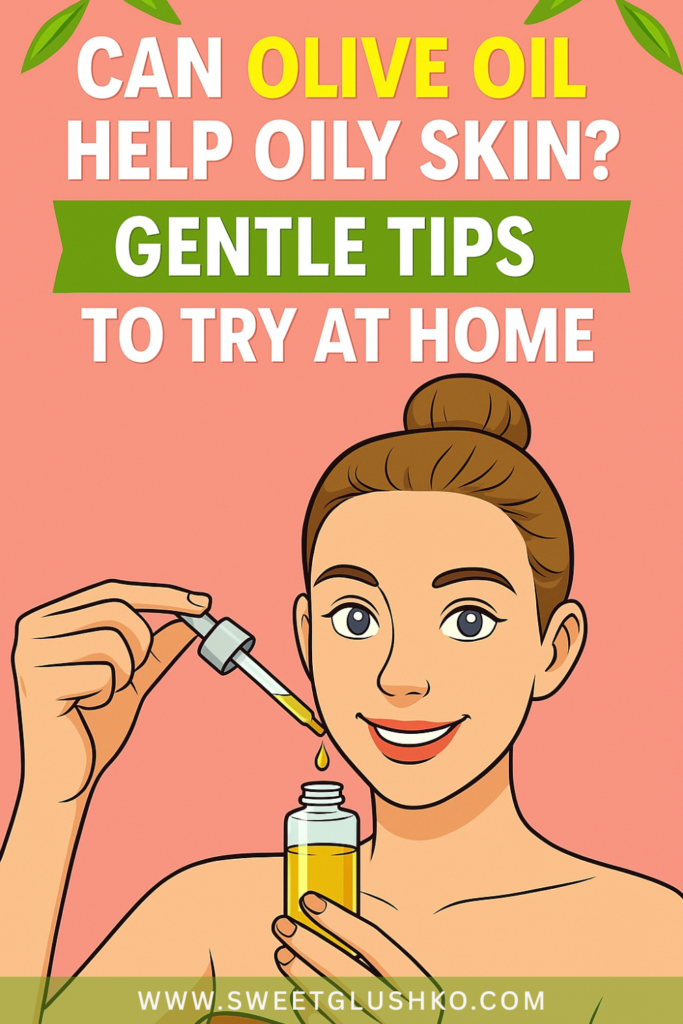 Smiling woman using a dropper to apply olive oil to her face, highlighting natural skincare tips for managing oily skin at home.