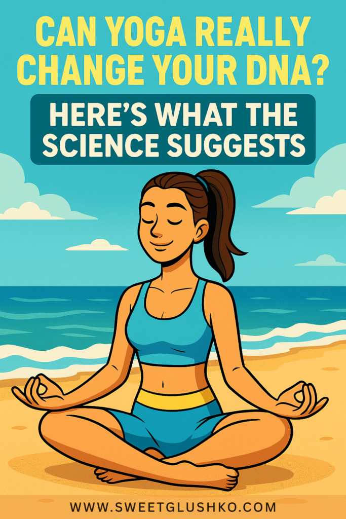 Illustration of a woman practicing yoga in a seated meditation pose on the beach, symbolizing the calming and transformative effects of yoga on the body.