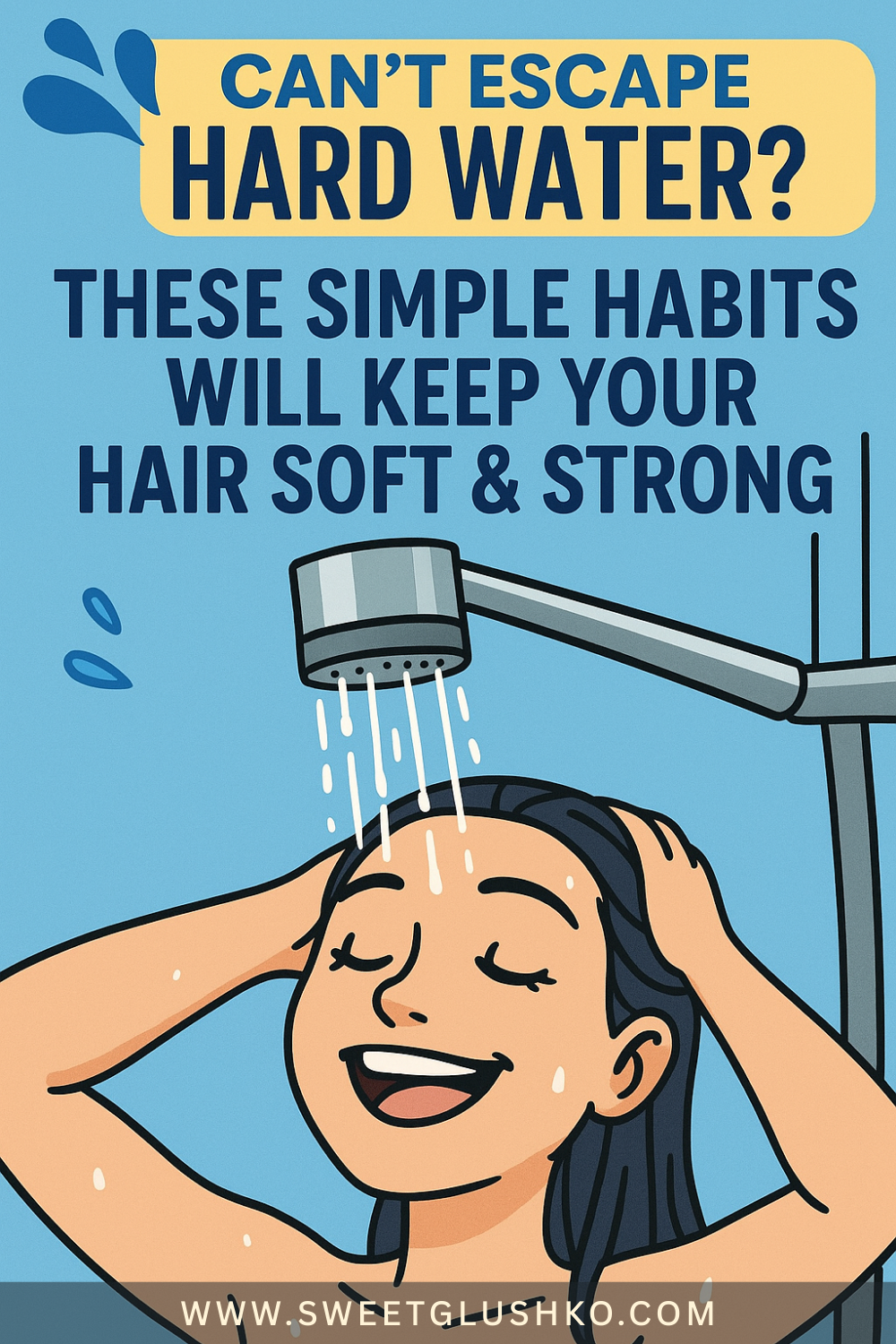 Illustration of a happy woman enjoying a shower, gently massaging her hair under running water, with a focus on protecting hair from the effects of hard water.