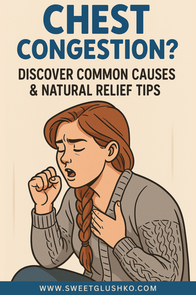 Illustration of a woman with braided hair holding her chest and coughing, used to highlight common causes of chest congestion and gentle natural relief suggestions.