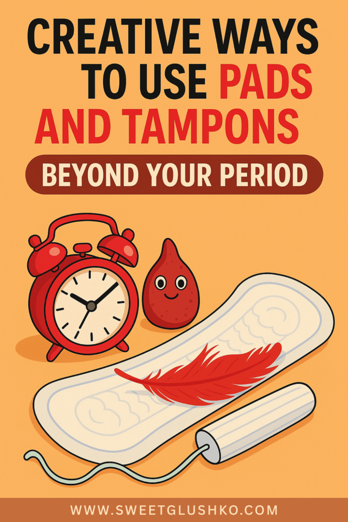 Illustration of a pad, tampon, clock, and smiling droplet, highlighting unique and creative ways to use menstrual products beyond your period.