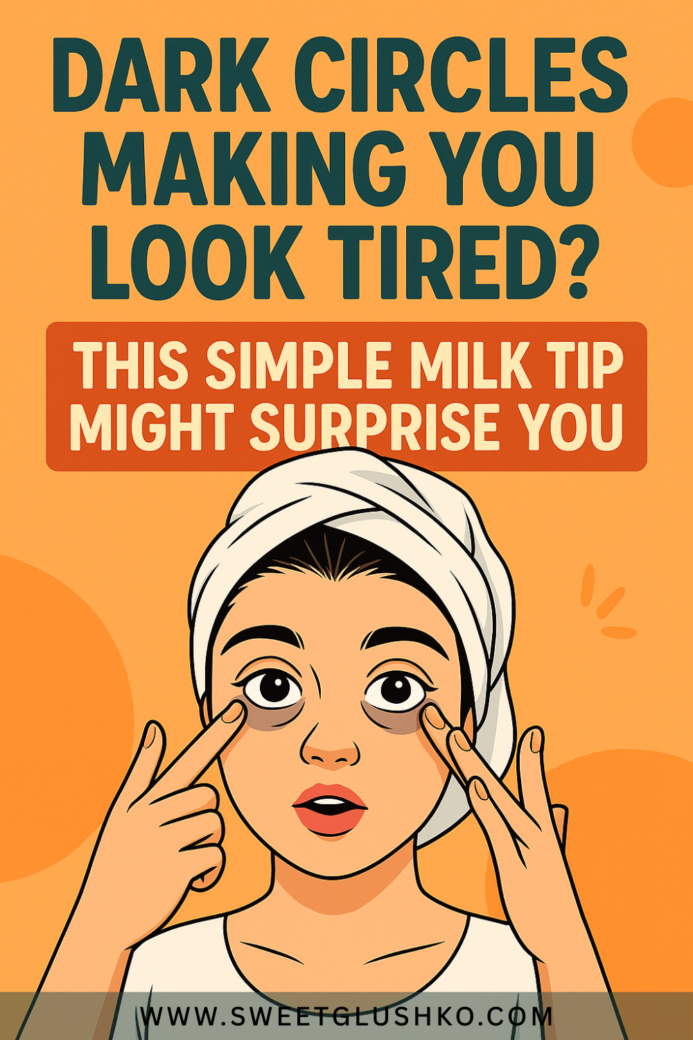 Illustration of a woman in a towel headwrap pointing to the dark circles under her eyes, highlighting a natural remedy for tired-looking eyes.