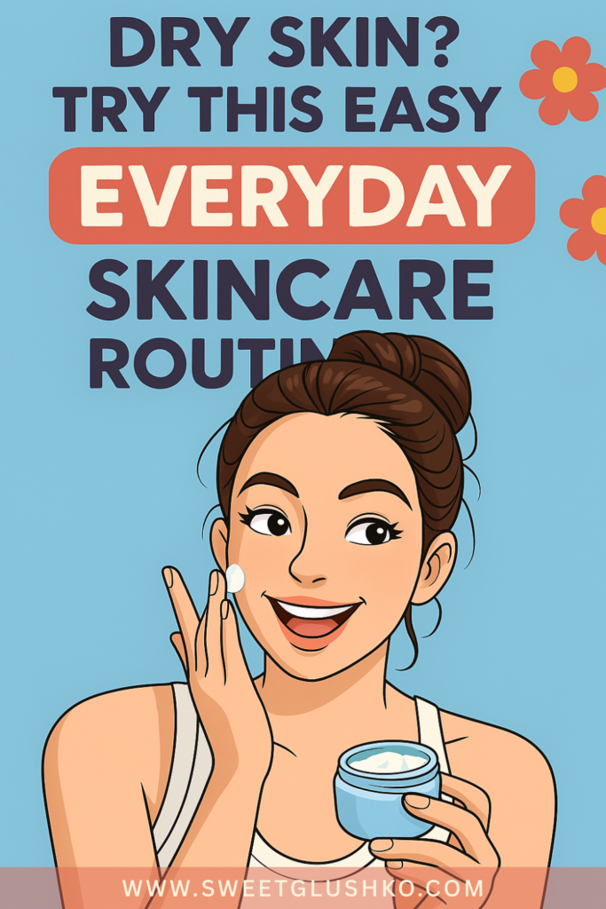 Smiling woman applying face cream on her cheek, demonstrating a simple and gentle everyday skincare routine for dry skin.
