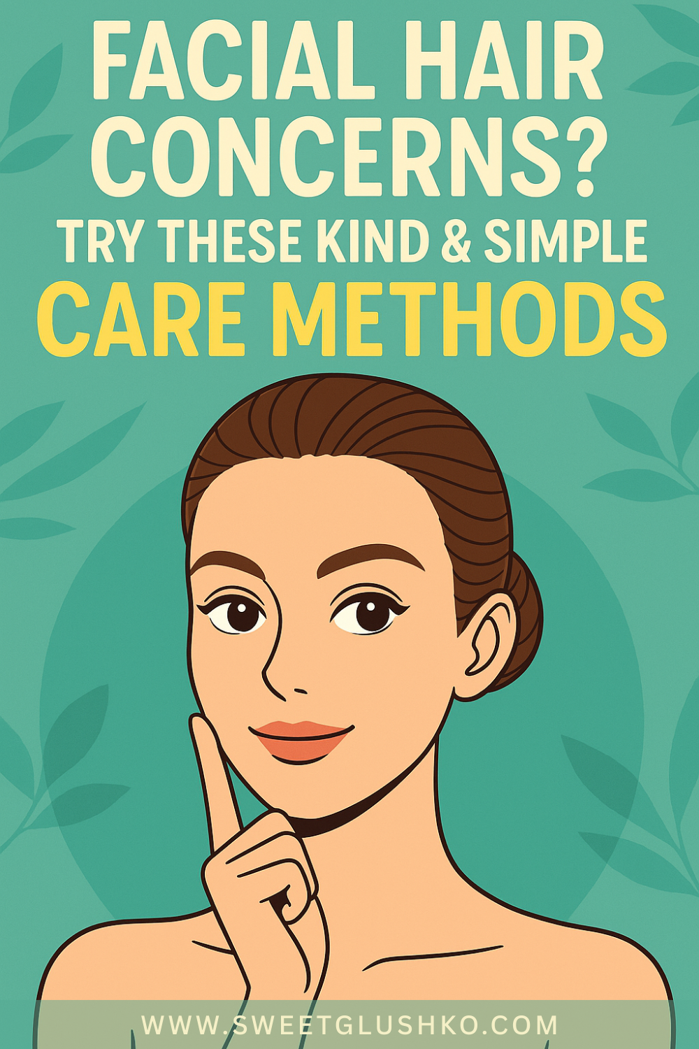 Illustration of a calm woman with smooth skin pointing to her face, highlighting gentle and simple ways to care for facial hair.