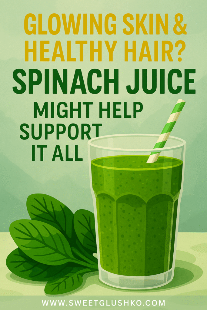 A refreshing glass of green spinach juice with a striped straw beside fresh spinach leaves, symbolizing natural support for skin and hair health.