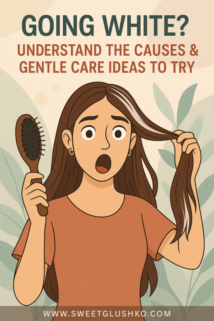 A surprised woman holds a hairbrush and examines a white strand in her hair, highlighting causes of premature graying and gentle care ideas to manage it.