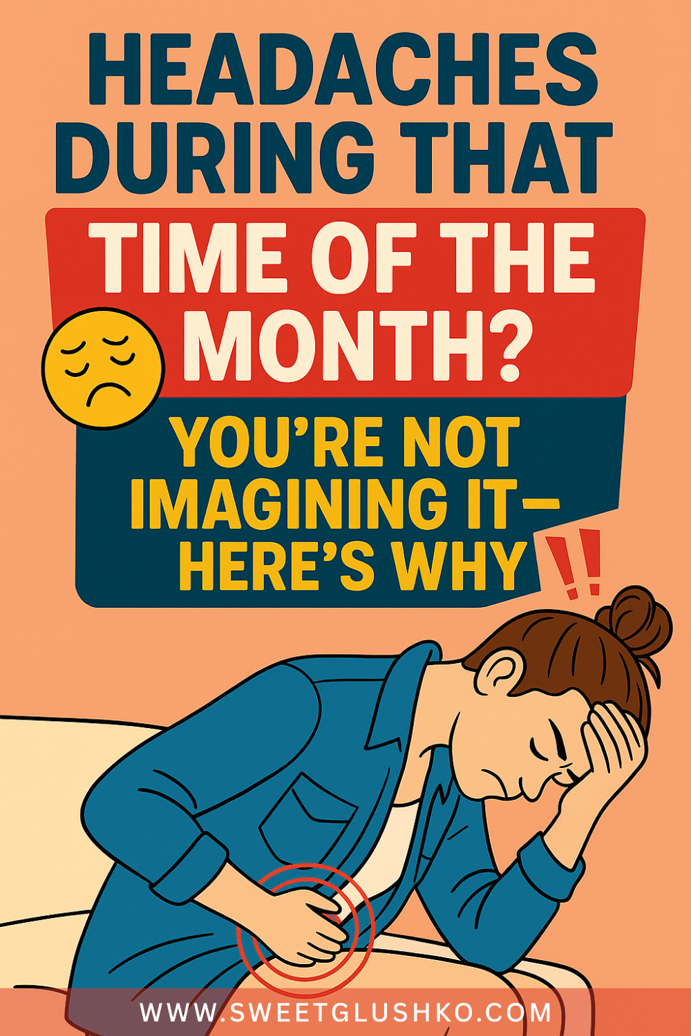 Illustration of a woman sitting down, holding her stomach with one hand and her forehead with the other, showing discomfort often linked to period headaches.