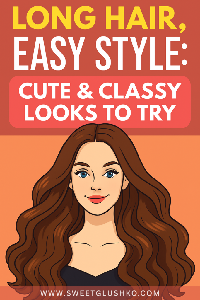 Illustrated woman with long, voluminous hair styled in soft waves, promoting cute and classy hairstyle ideas for easy long hair styling.