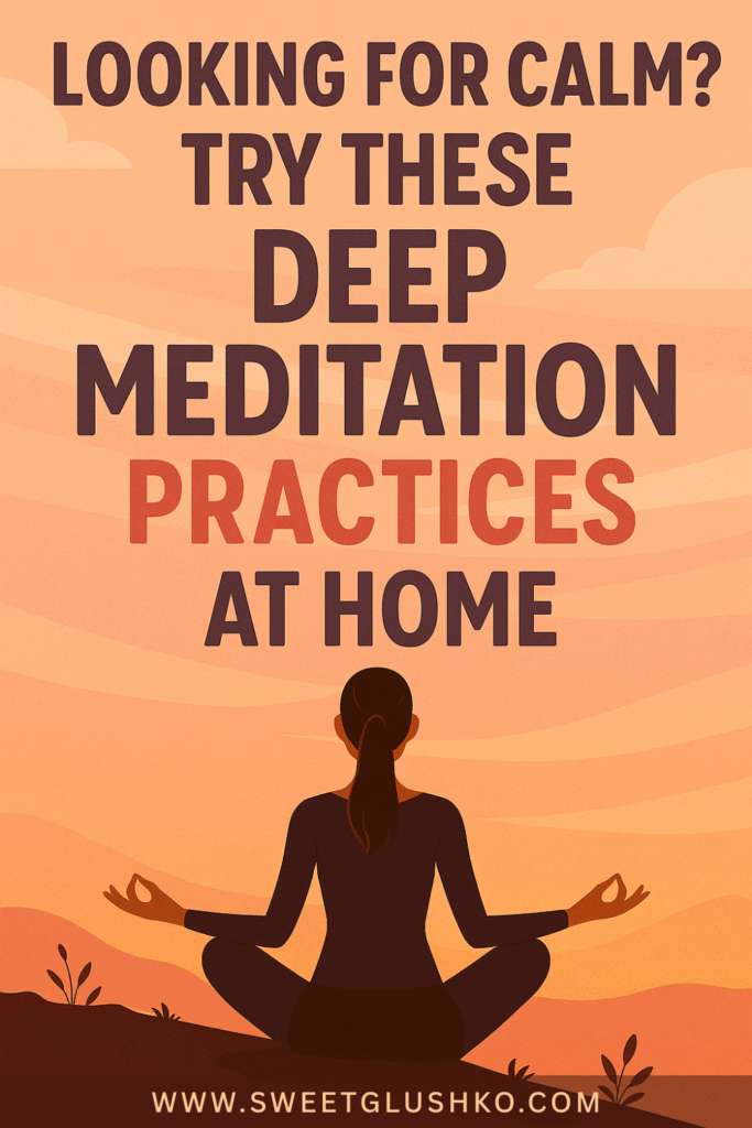 A woman sits peacefully in a meditation pose at sunset, facing a calming landscape, promoting deep meditation techniques for relaxation at home.