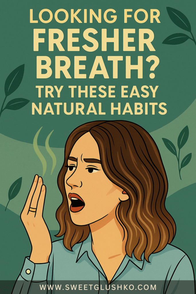 A woman checks her breath by exhaling into her hand, highlighting simple natural habits that support fresher breath at home.