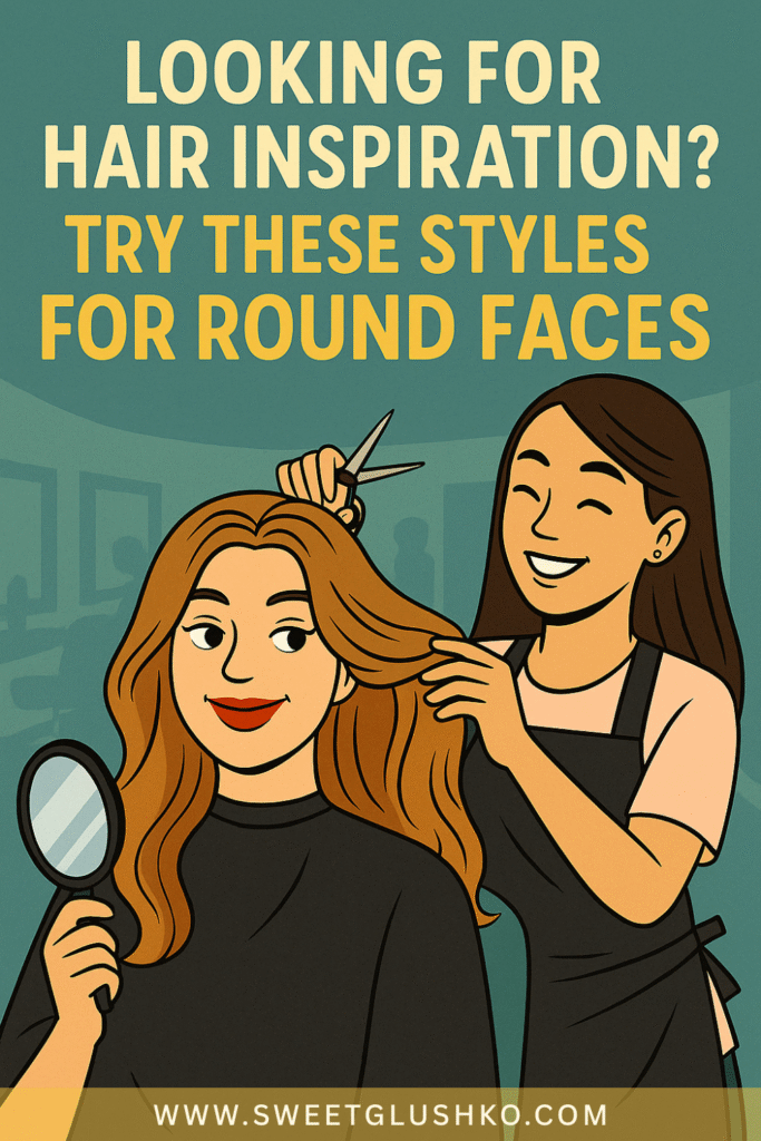 A smiling hairstylist works on a client’s voluminous waves, showcasing hairstyle ideas tailored for round face shapes.
