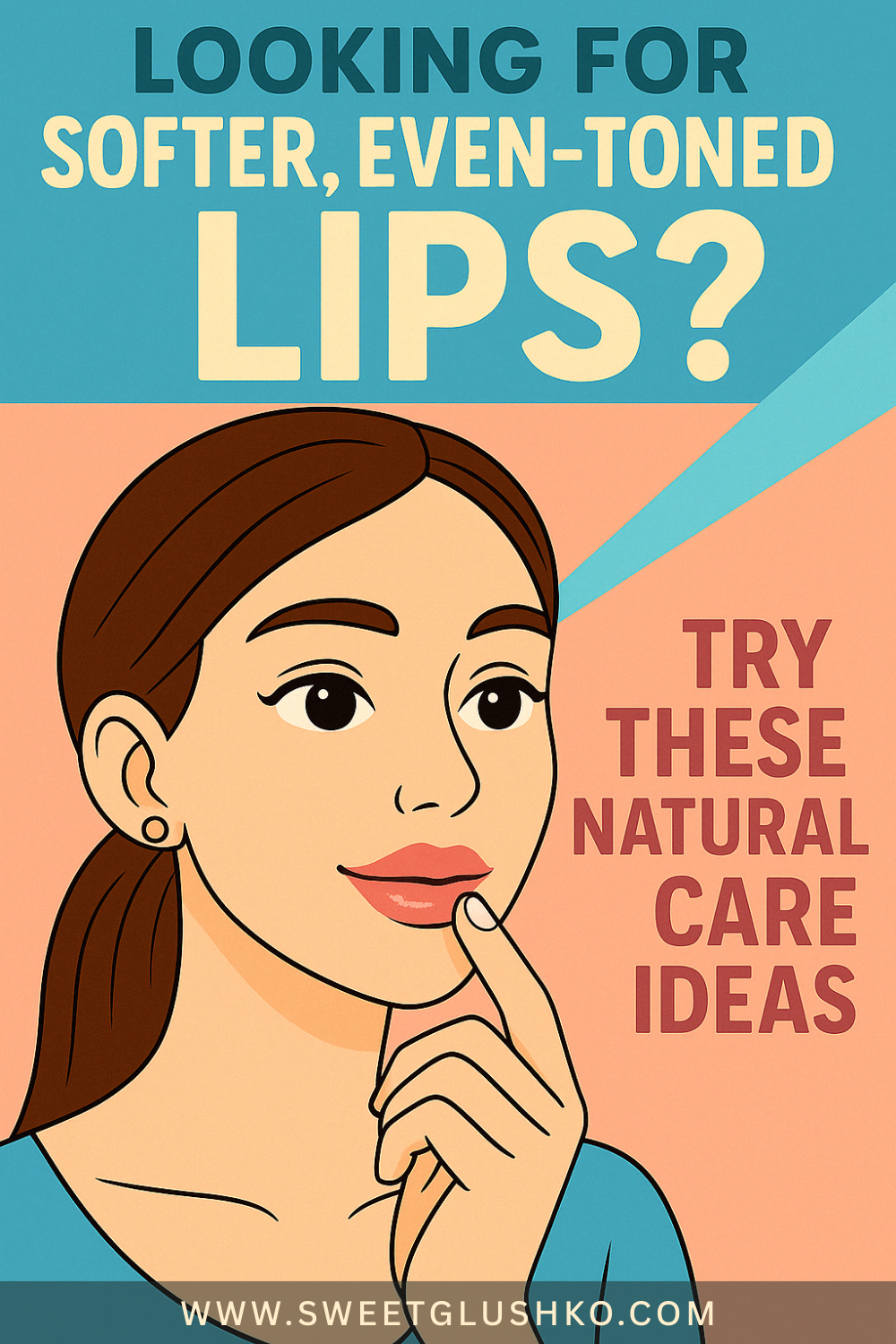 A woman touches her lips thoughtfully, suggesting natural care ideas to help achieve softer, more even-toned lips at home.