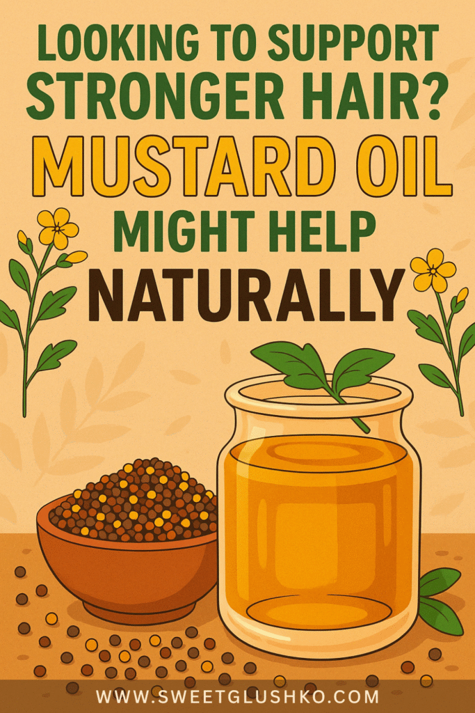 Illustration of a jar of mustard oil beside mustard seeds and flowering sprigs, symbolizing natural ways to support stronger, healthier hair
