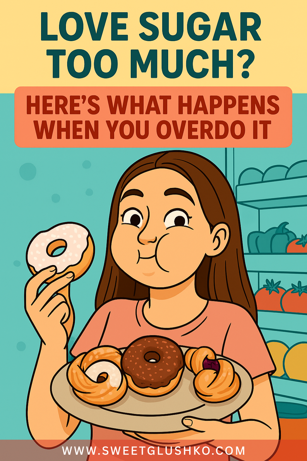 Illustration of a girl happily eating a donut while holding a plate full of pastries, highlighting the effects of consuming too much sugar.