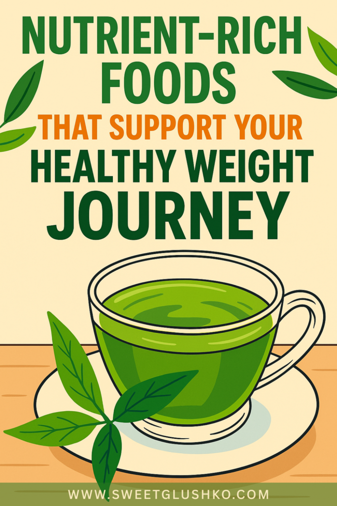Illustration of a steaming green tea cup with leafy accents, emphasizing the importance of nutrient-rich foods for maintaining a healthy weight.