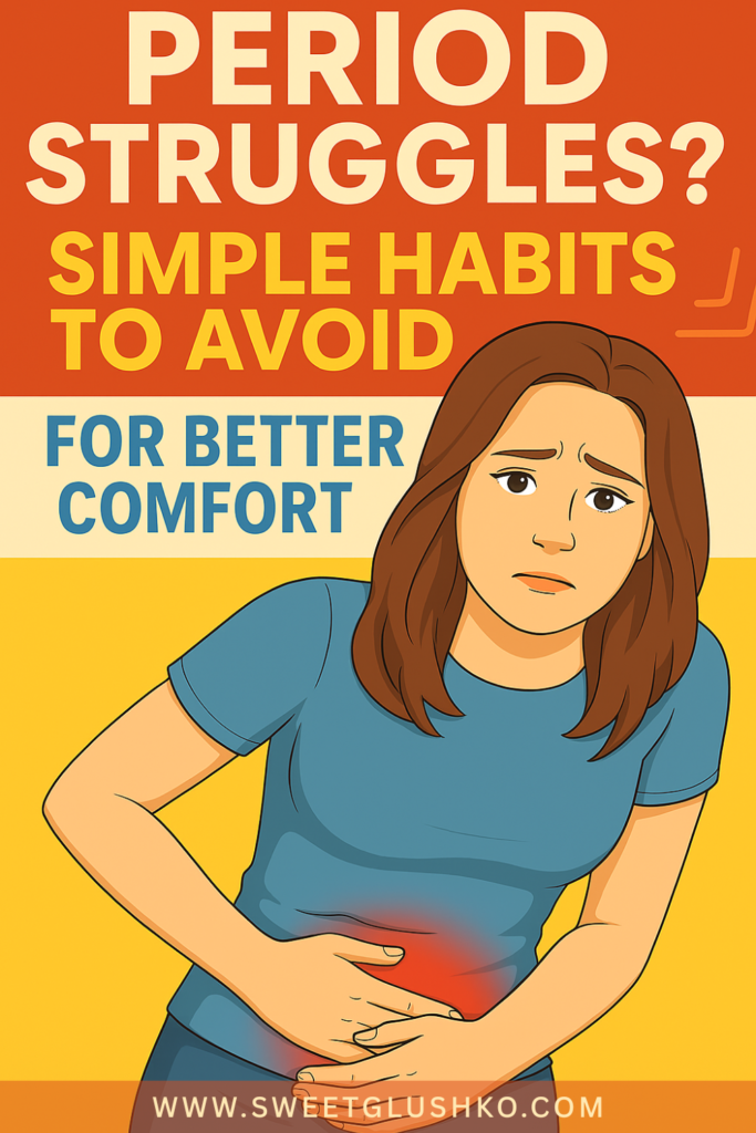Illustration of a woman experiencing period cramps, holding her stomach in pain, alongside tips promoting better comfort by avoiding common period habits.
