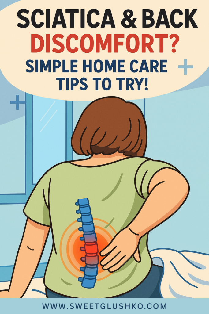Illustration of a person holding their lower back in pain, with a highlighted spine graphic emphasizing discomfort from sciatica or back issues. Text overlay offers simple home care tips for natural back relief.