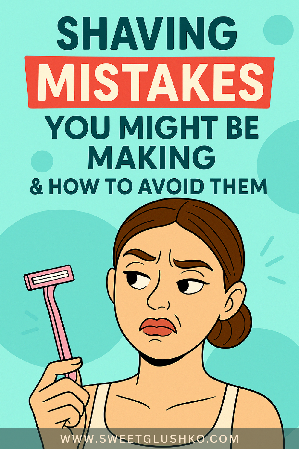 A woman holds a pink razor with a confused and skeptical expression, representing common shaving mistakes and tips for avoiding them.