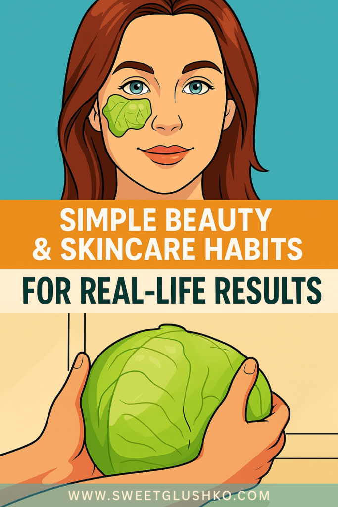Illustration of a smiling woman applying a green natural face mask on her cheek, paired with hands holding a fresh cabbage, representing gentle beauty and skincare habits using simple ingredients.