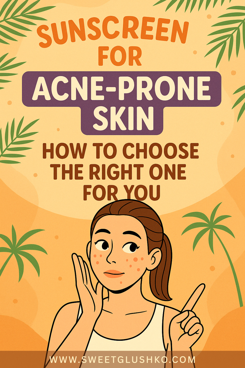 A woman with visible acne touches her cheek and points upward, standing in front of a warm tropical background with palm leaves, promoting sunscreen tips for acne-prone skin.