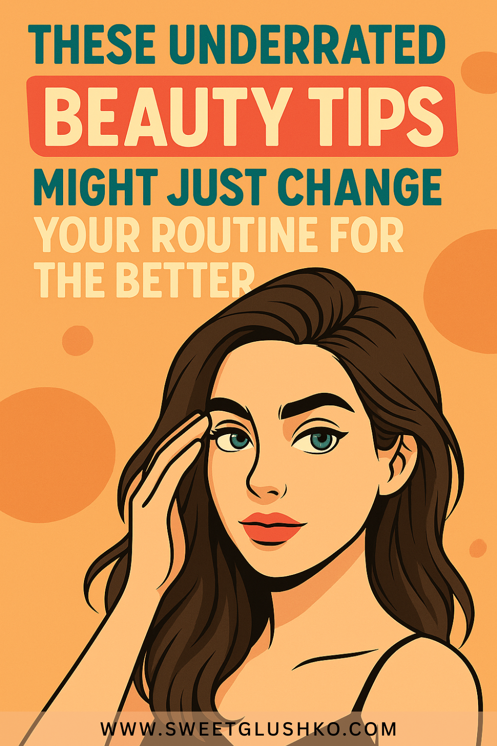 Illustration of a confident woman with long flowing hair gently touching her face, representing simple beauty tips that can enhance your routine.