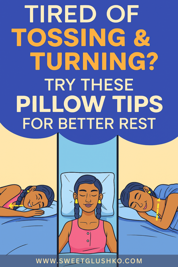 Cartoon-style illustration of a woman resting in different sleeping positions with a pillow, highlighting tips to improve sleep quality and reduce tossing and turning.