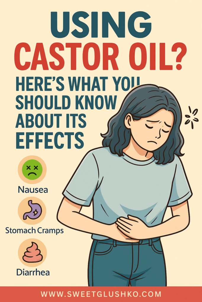 Illustration of a woman clutching her stomach in discomfort, highlighting potential side effects of castor oil such as nausea, stomach cramps, and diarrhea. Includes icons and clear text for educational awareness on castor oil use.
