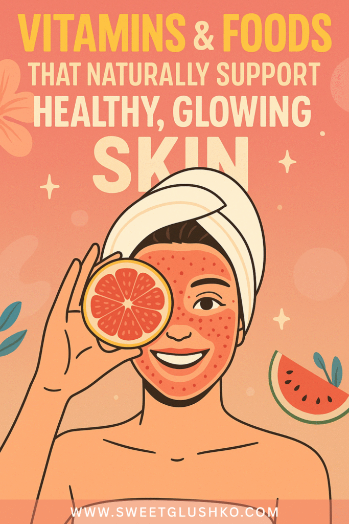 A smiling woman with a fruit-infused face mask and towel wrap holds a slice of grapefruit over one eye, surrounded by vibrant citrus and tropical accents, highlighting natural ways to support healthy, glowing skin.