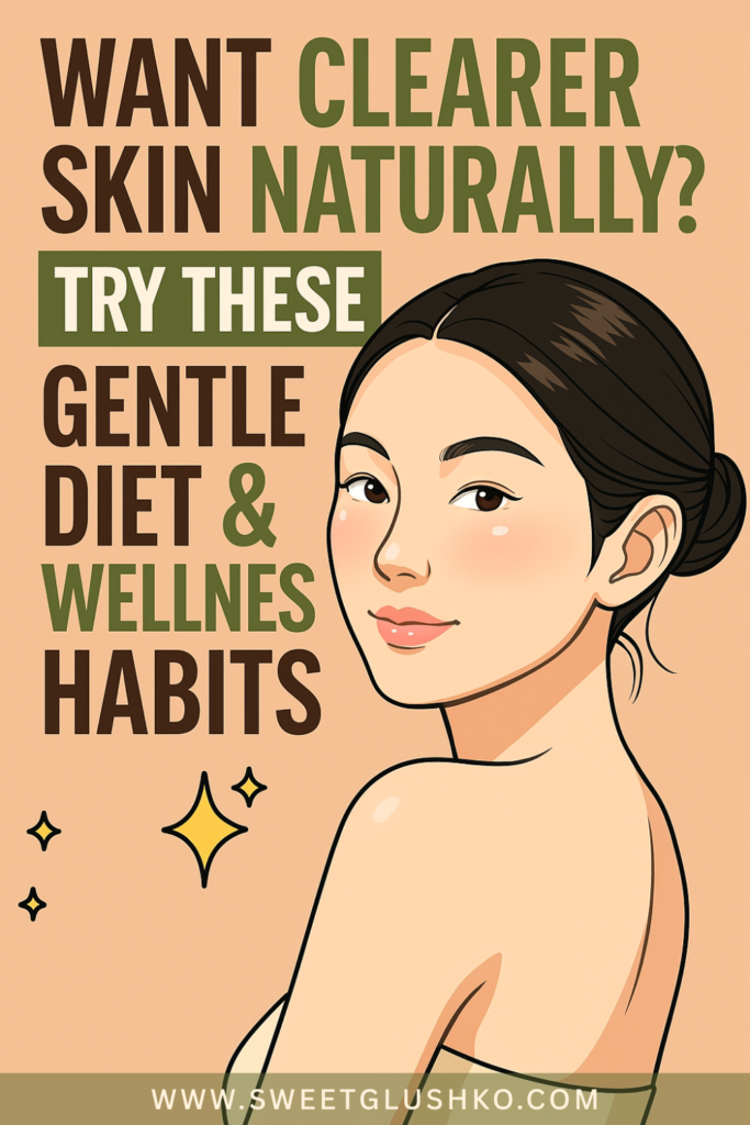 Woman with glowing, clear skin smiling confidently, promoting gentle wellness and diet habits for naturally clearer skin.
