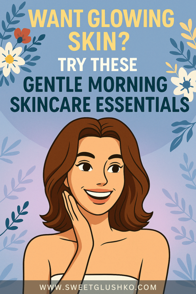 A cheerful woman with glowing skin smiles while touching her cheek, surrounded by soft floral accents, illustrating gentle morning skincare essentials for a radiant start.