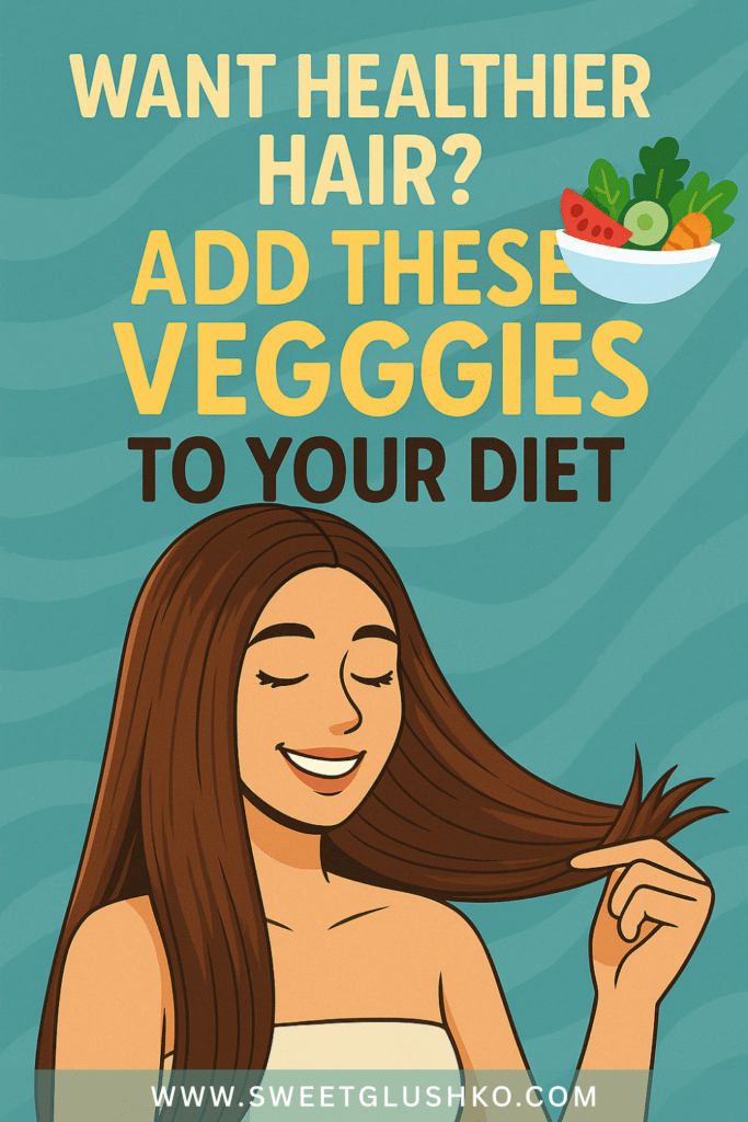 ChatGPT said:
A smiling woman with long, healthy hair runs her fingers through it while standing against a teal background, highlighting the benefits of vegetables for hair growth.