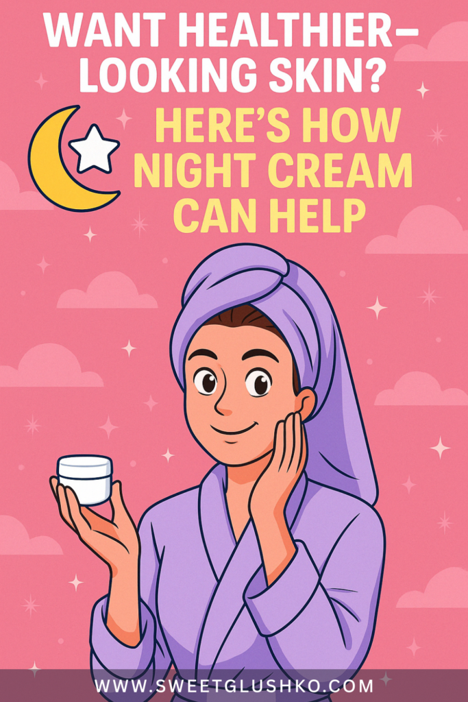 A woman in a purple robe and towel holding a night cream jar, smiling with soft glowing skin against a dreamy pink night sky.