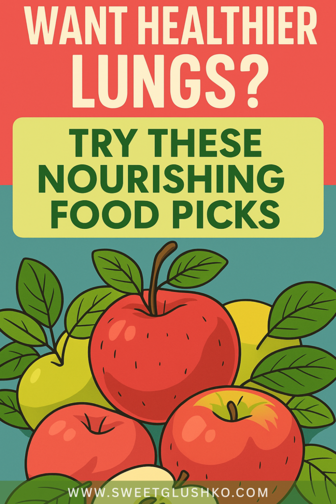 Illustration of fresh apples and green leaves promoting healthy eating choices to support better lung function and respiratory wellness.