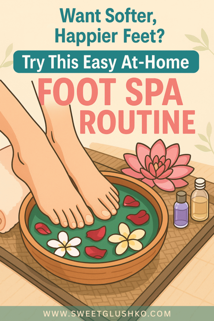 Illustration of feet soaking in a bowl with petals and essential oils, showing a simple and relaxing at-home foot spa setup.