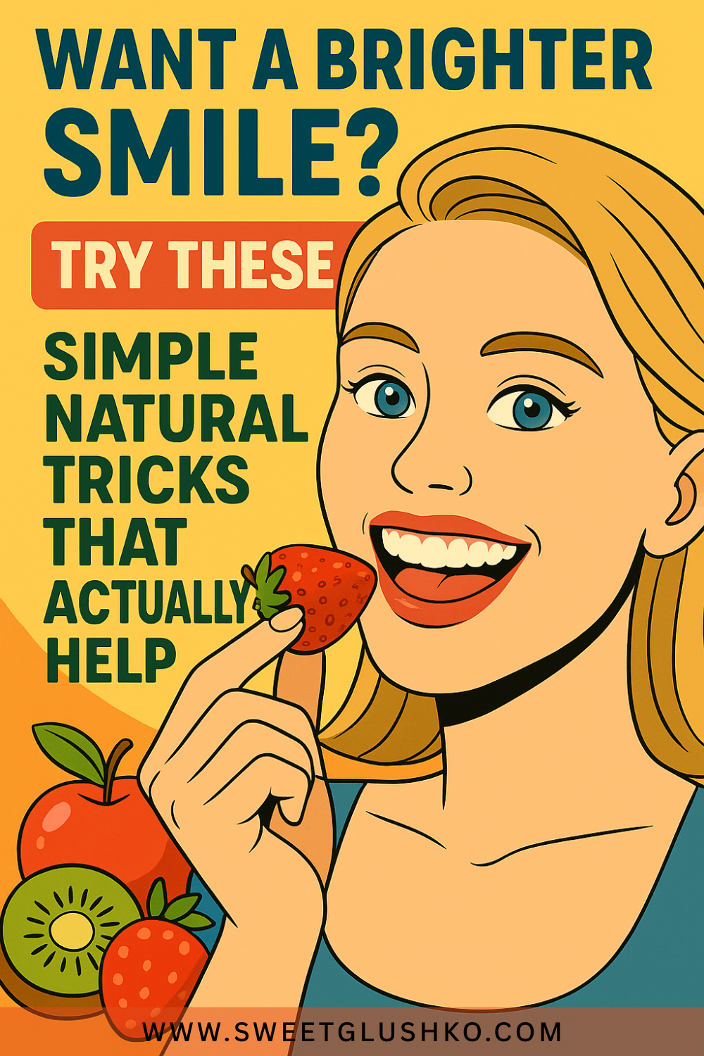 Illustration of a cheerful woman holding a strawberry near her mouth, symbolizing natural ways to support a brighter, healthier smile.