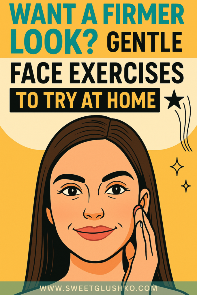 Illustration of a woman touching her cheek with one hand, promoting gentle face exercises that can be done at home to help support a firmer, more toned appearance.