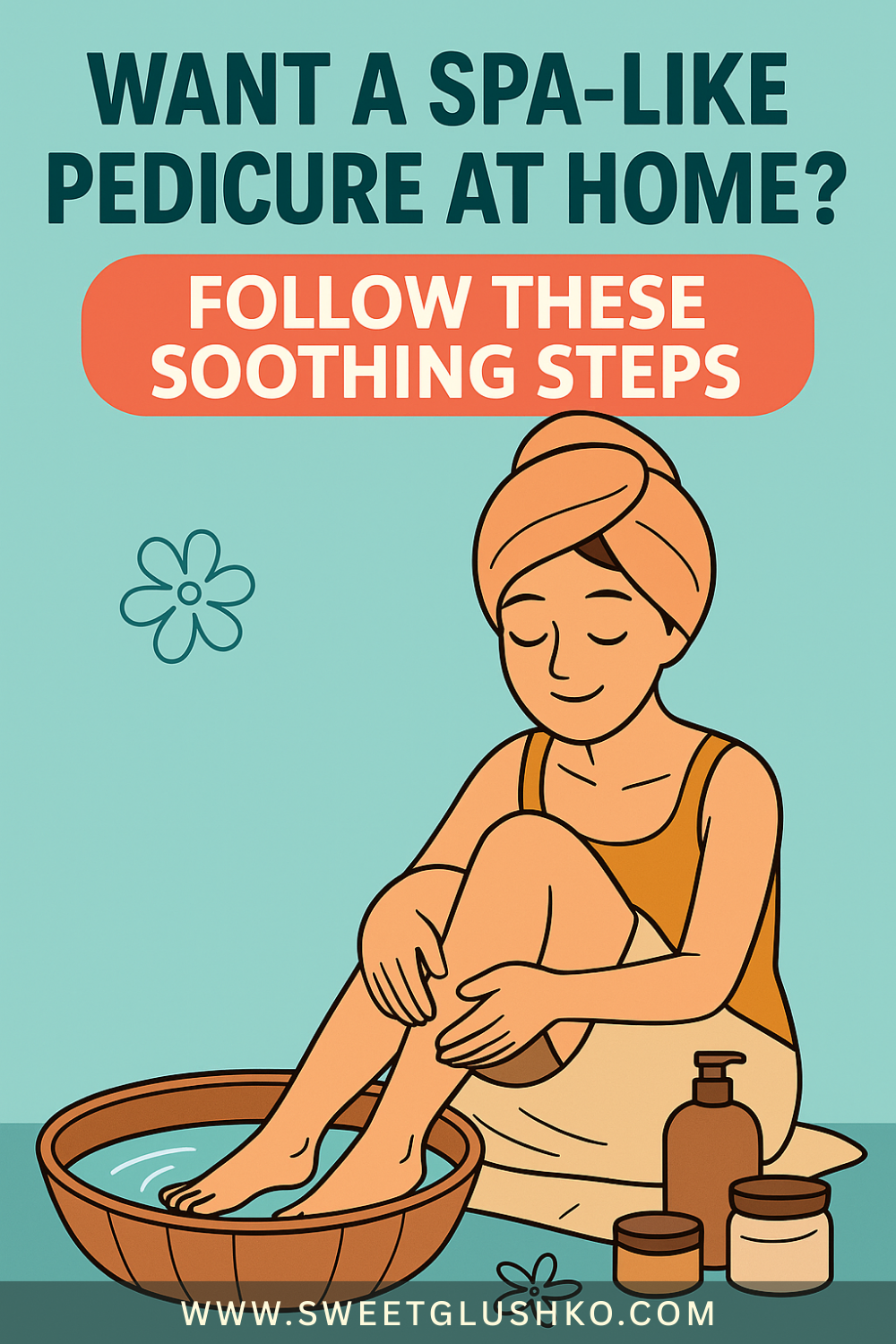 Woman enjoying a relaxing at-home pedicure, soaking her feet in a wooden bowl with skincare products nearby