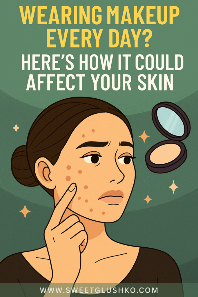 A concerned woman touches her cheek while looking at visible breakouts, highlighting the potential skin effects of wearing makeup every day.