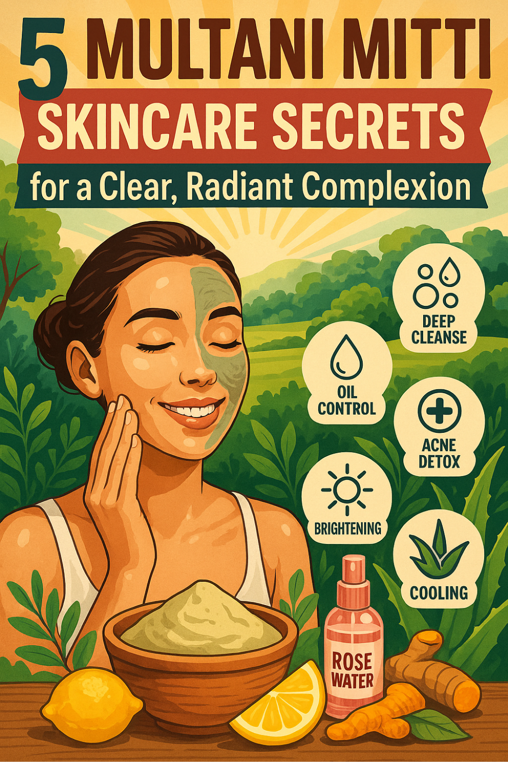 Smiling woman wearing a green Multani Mitti clay mask in a sunny botanical setting; infographic icons highlight deep cleanse, oil control, acne detox, brightening and cooling benefits, with lemon, turmeric and rose water displayed in front.