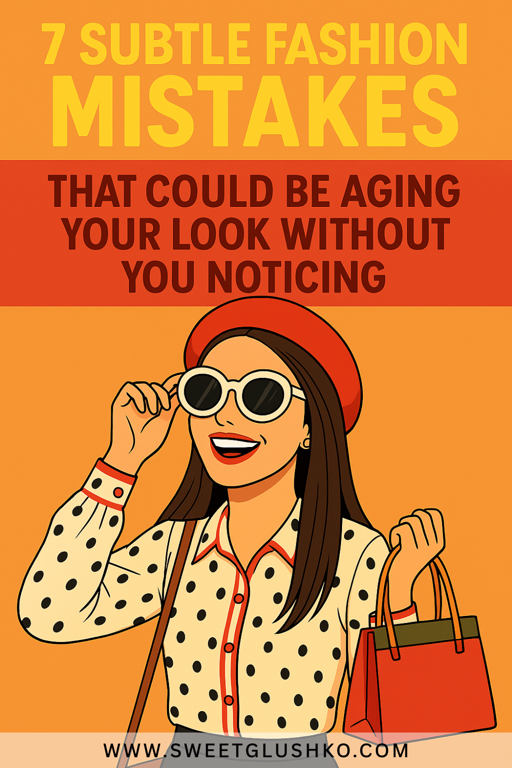 Current image: Stylish woman wearing a polka dot blouse, red beret, and sunglasses, confidently holding a red handbag and smiling.
