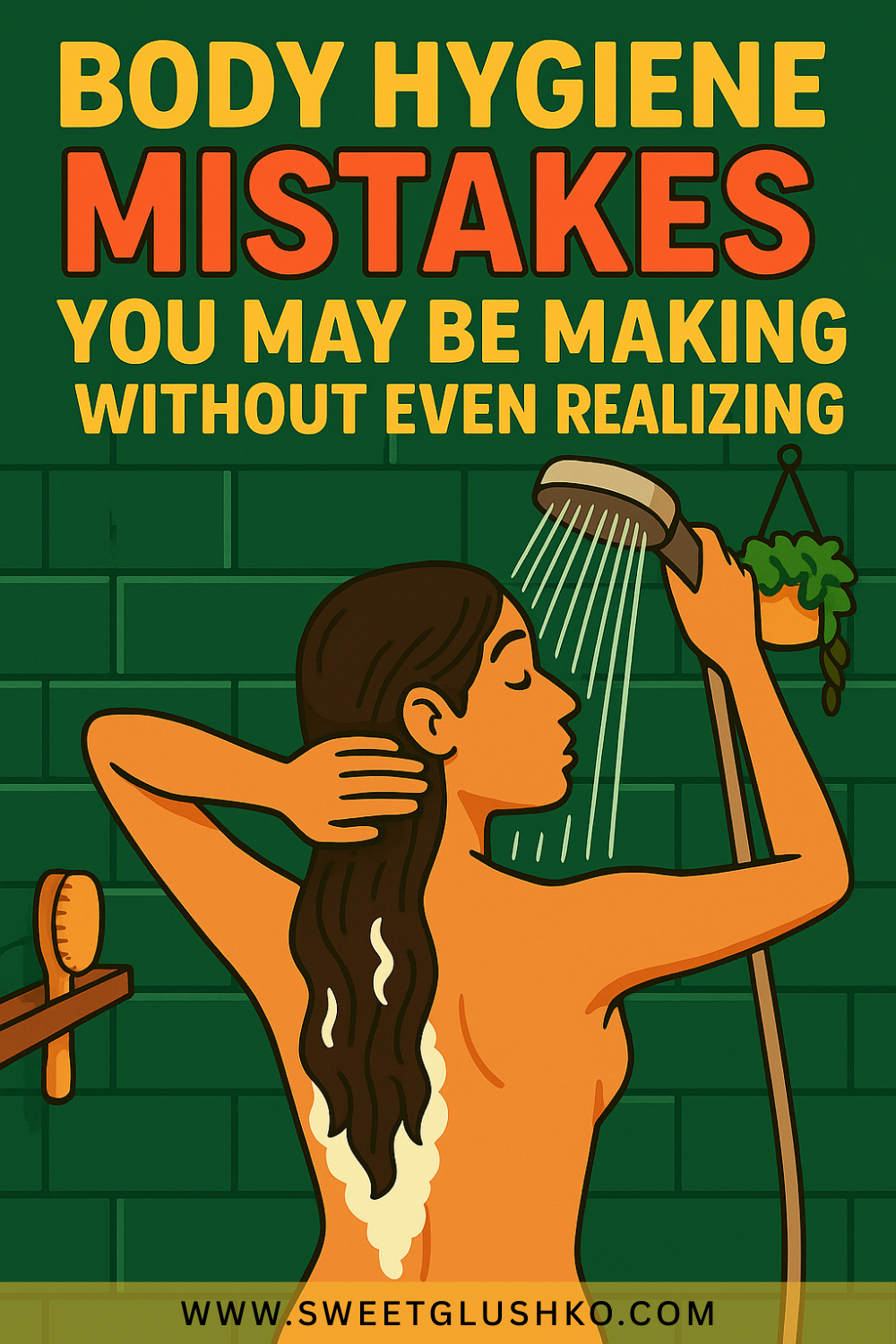 Cartoon-style image of a woman showering with her back turned, rinsing her hair under running water. Her long brown hair is lathered with shampoo, and the green tiled bathroom wall includes a hanging plant and a wooden brush on a shelf. The scene reflects the topic of body hygiene habits.