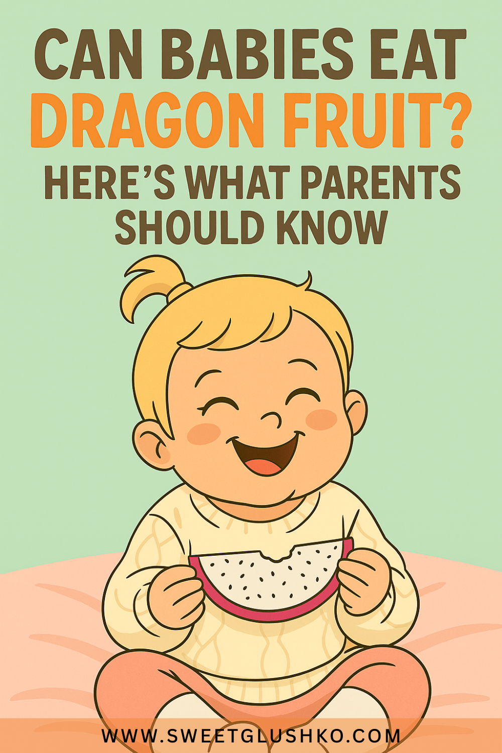 Smiling baby sitting on a soft surface while holding a slice of dragon fruit, representing a playful look at whether babies can eat dragon fruit safely.